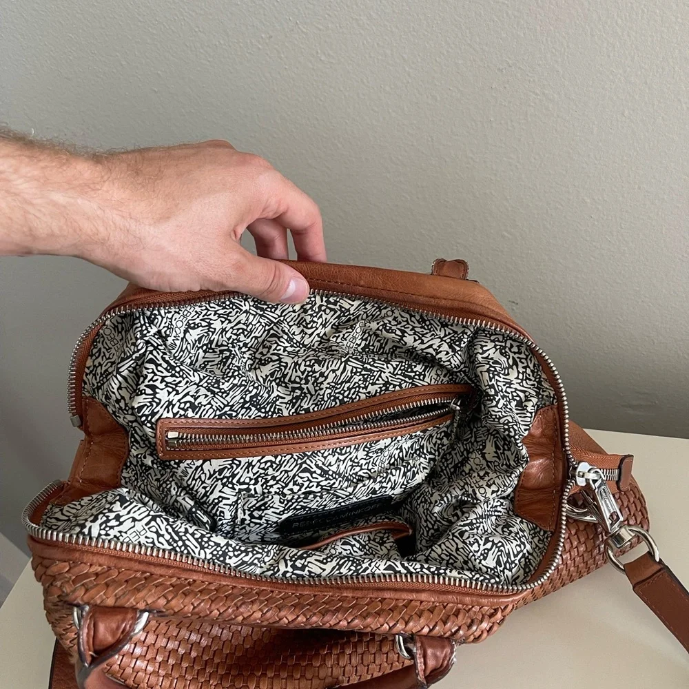 Rebecca Minkoff Bonnie Box Woven Almond Brown Leather Satchel Shoulder Bag - Picture 13 of 15